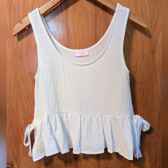 Pink Lily Tops - Pink Lily Cropped White Cotton Ribbon Tank Top Size Small